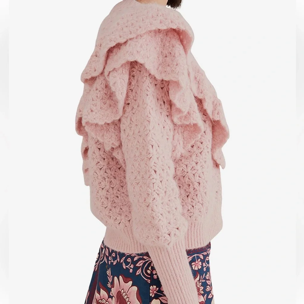 NWT FARM RIO Bohemian Flower Texture Ruffled Openwork Knit Cardigan